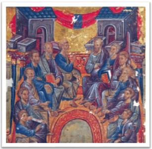 Ζωγραφικός πίνακας που απεικονίζει πλήθος που συζητά για την ίδρυση της εκκλησίας